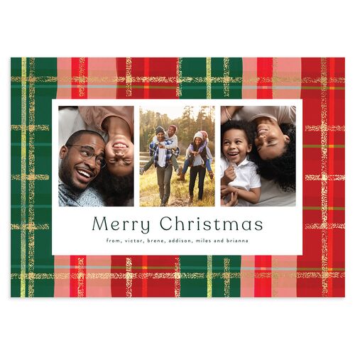 Sparkling Plaid Holiday Cards Gold Dark Green Signature Blank Standard Landscape