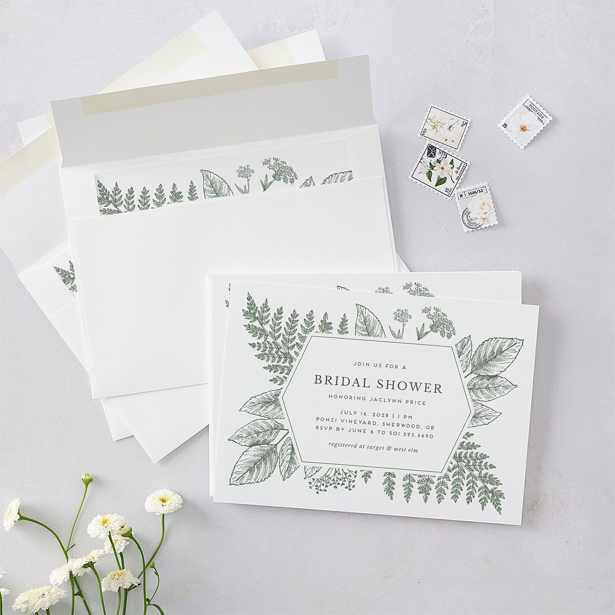 Botanical Frame Bridal Shower Invitations Hunter Green Signature Blank Standard