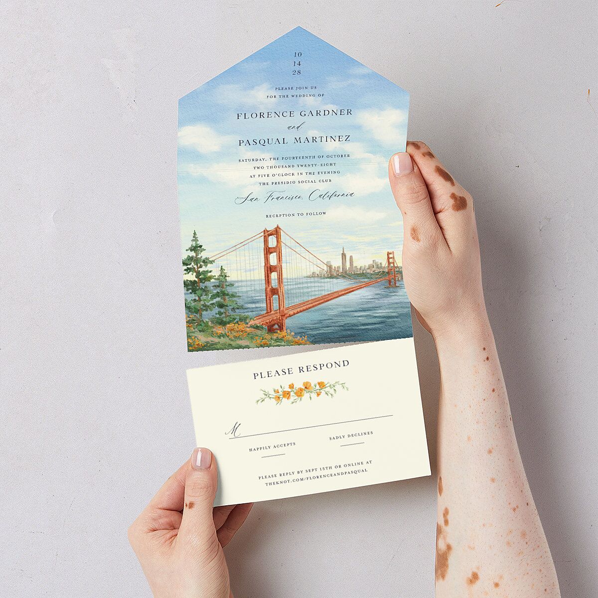 Scenic San Francisco All-in-One Wedding Invitations Pale Blue Signature Light Both Recipient and Return Addresses No