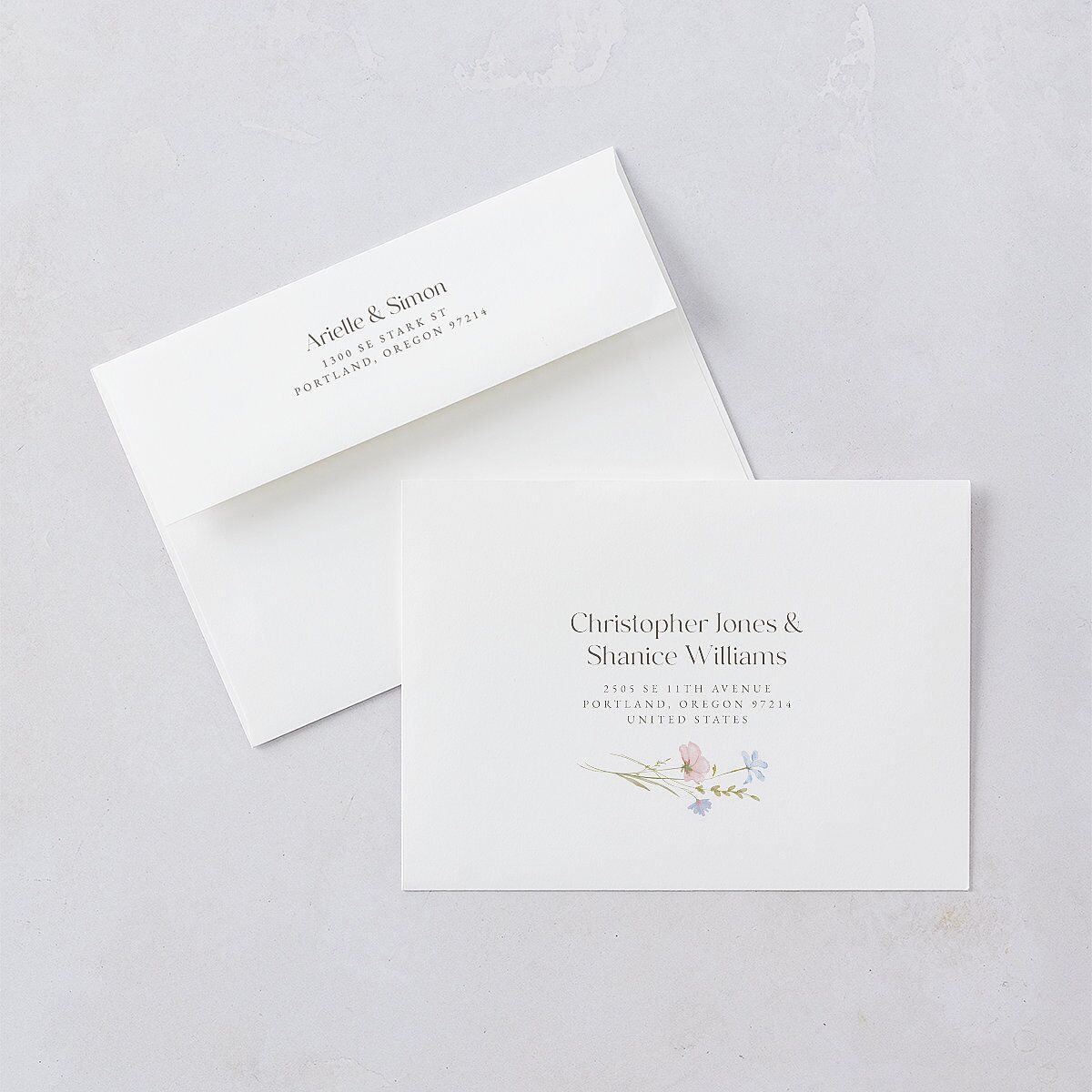 Wildflower Photo Wedding Invitation Envelopes White Lilac Both Recipient and Return Addresses Standard Signature