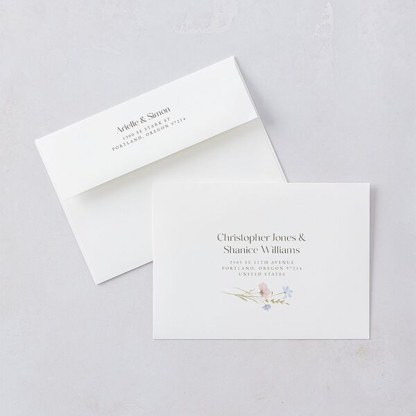 Wildflower Photo Wedding Invitation Envelopes White Lilac Both Recipient and Return Addresses Standard Signature