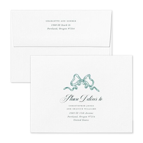 Rose Garden Crest Save the Date Petite Card Envelopes by Bridgerton White Dark Emerald Both Recipient and Return Addresses Signature Standard