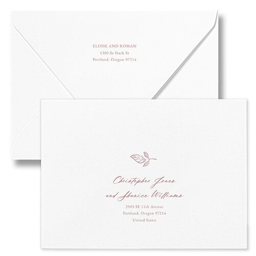 Vintage Botanical Sketch Bridal Shower Invitation Euro Envelopes White Dusty Rose Recipient Address Luxe Signature