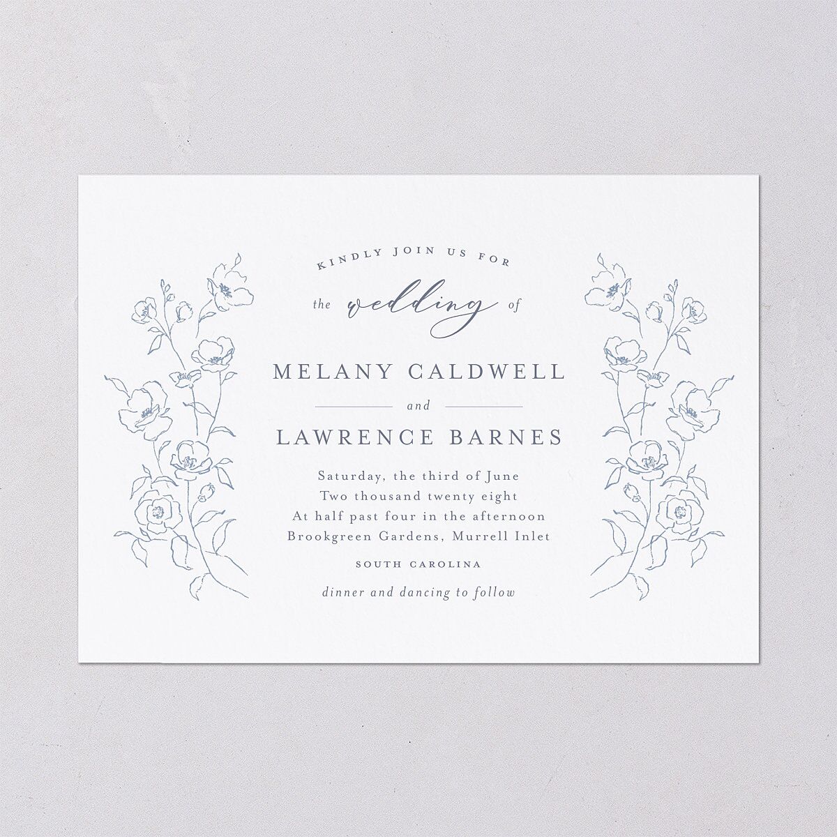 Floral Adornment Wedding Invitations Dusty Blue Signature Blank No Standard