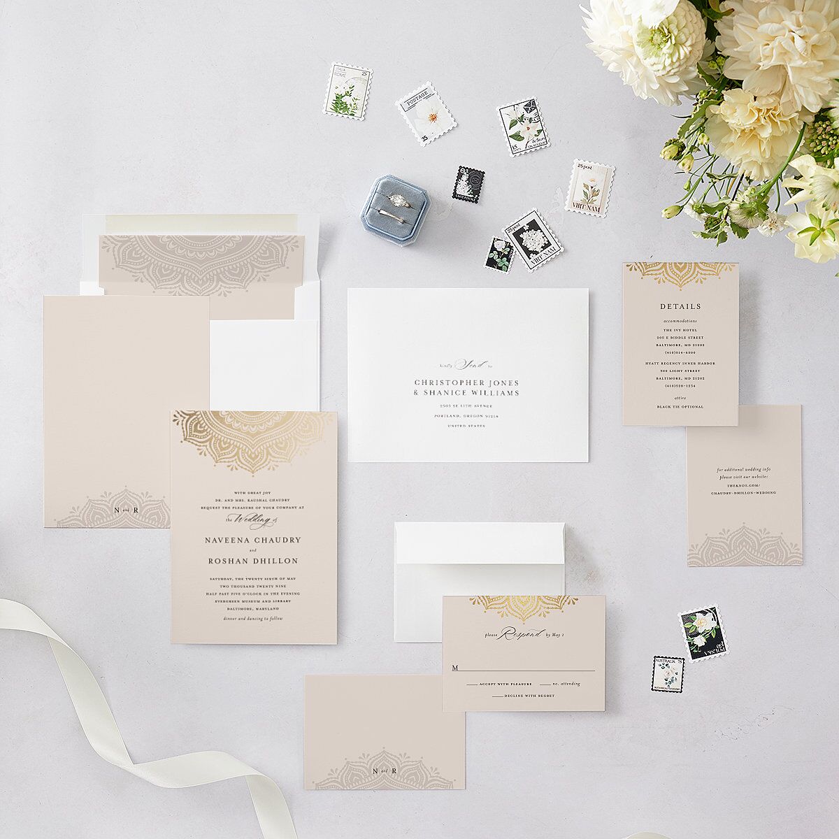 Indian Gilded Adornment Wedding Invitations Gold Sand Signature Blank No Standard