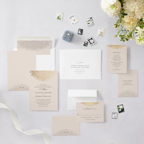 Indian Gilded Adornment Wedding Invitations Gold Sand Signature Blank No Standard