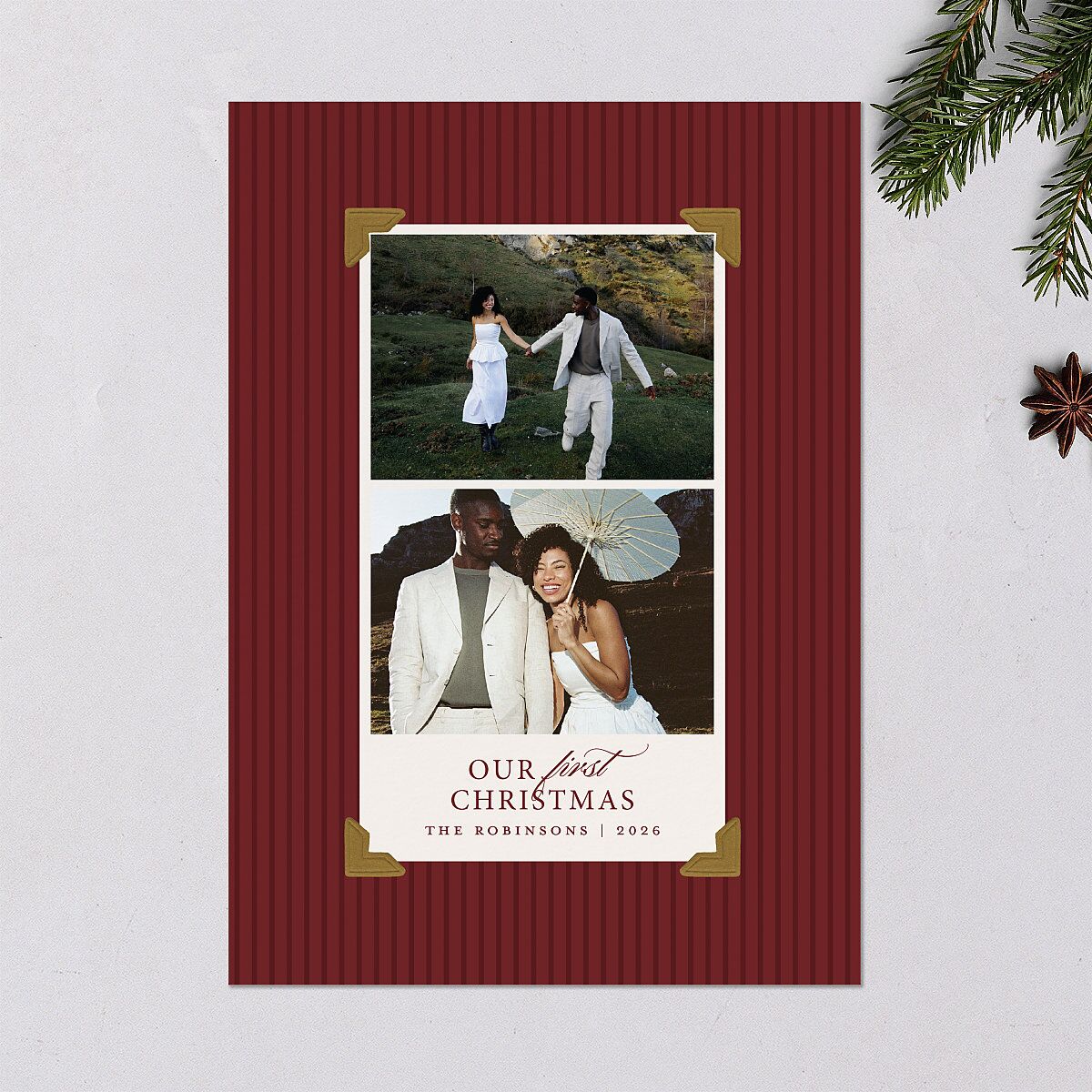 First Christmas Photo Album Holiday Cards Merlot Signature Blank Landscape Standard