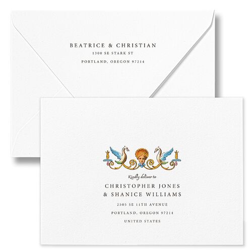 Medieval Renaissance Wedding Invitation Euro Envelopes Moss White Both Recipient and Return Addresses Luxe Signature