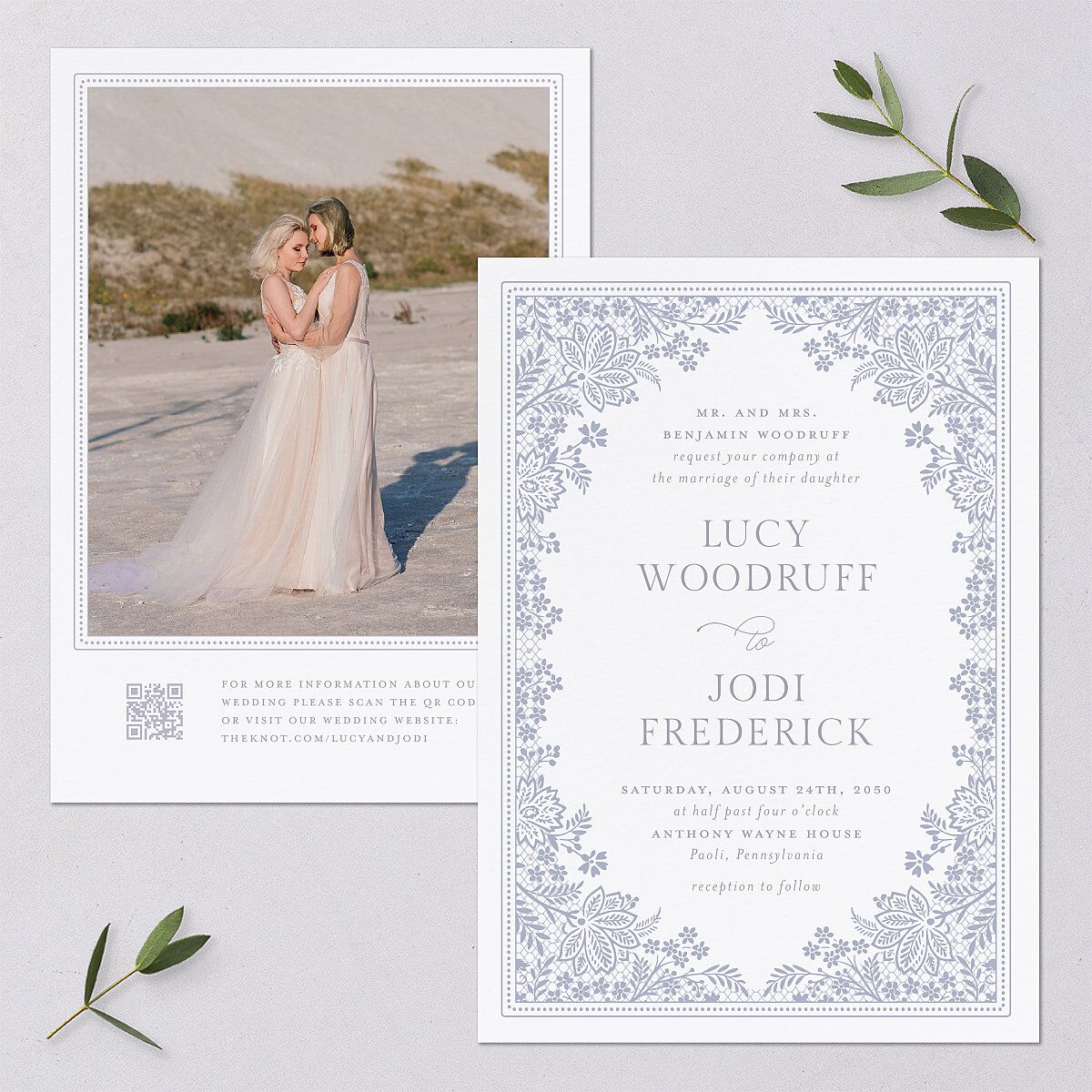 Floral Lace Wedding Invitations Dusty Blue Signature Blank No Standard