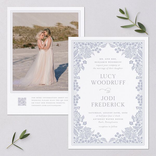 Floral Lace Wedding Invitations Dusty Blue Signature Blank No Standard