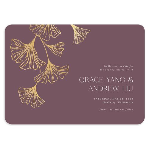 Ginkgo Leaves Save the Date Cards Gold Plum Signature smooth Blank No Rounded