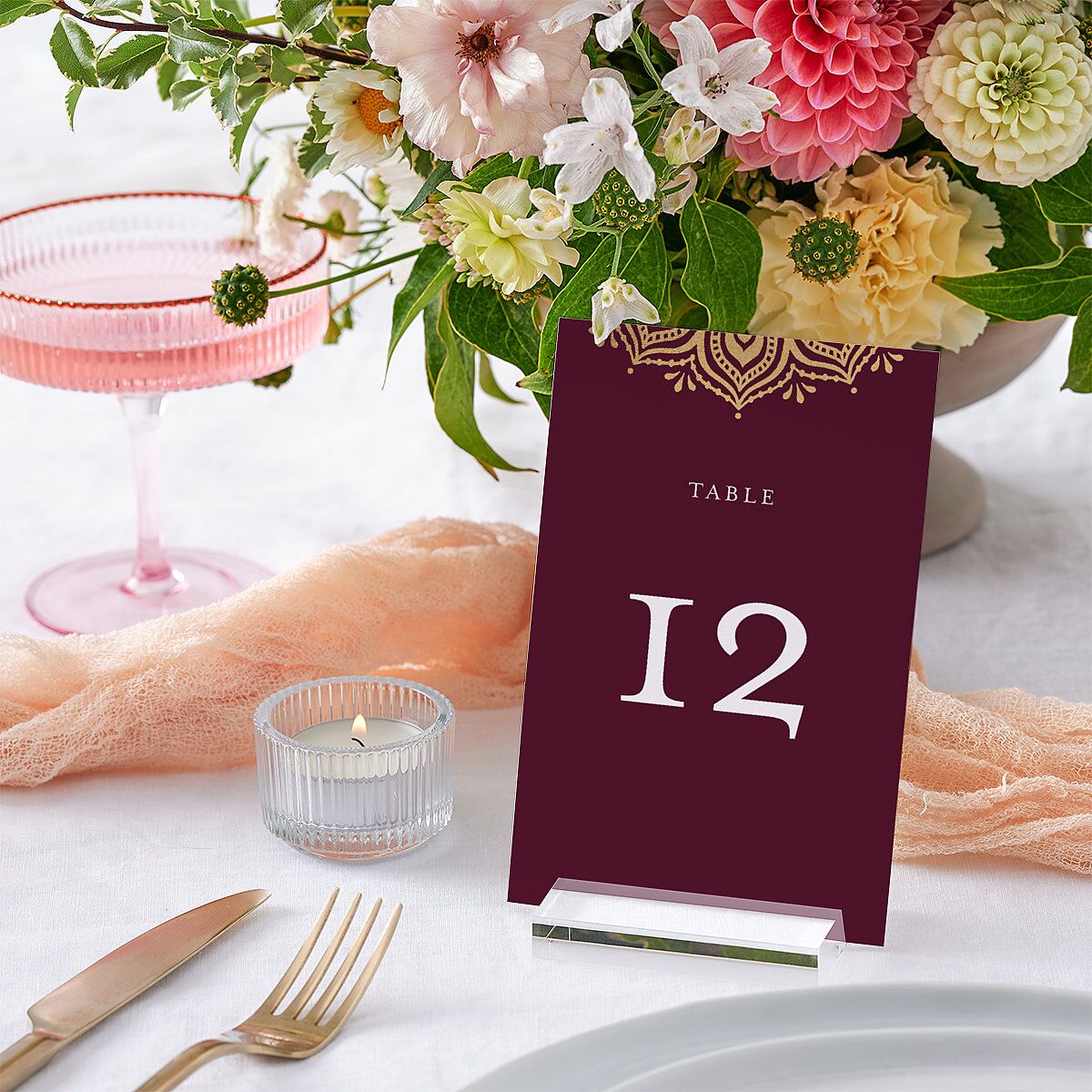 Indian Gilded Adornment Table Numbers Gold Burgundy Signature