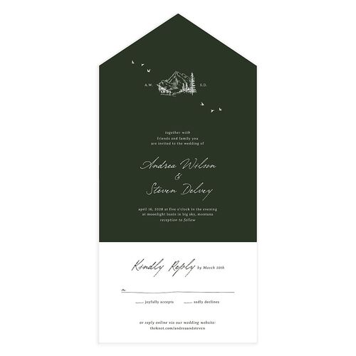 Elegant Mountain Monogram All-in-One Wedding Invitations Dark Green Signature Light Both Recipient and Return Addresses No