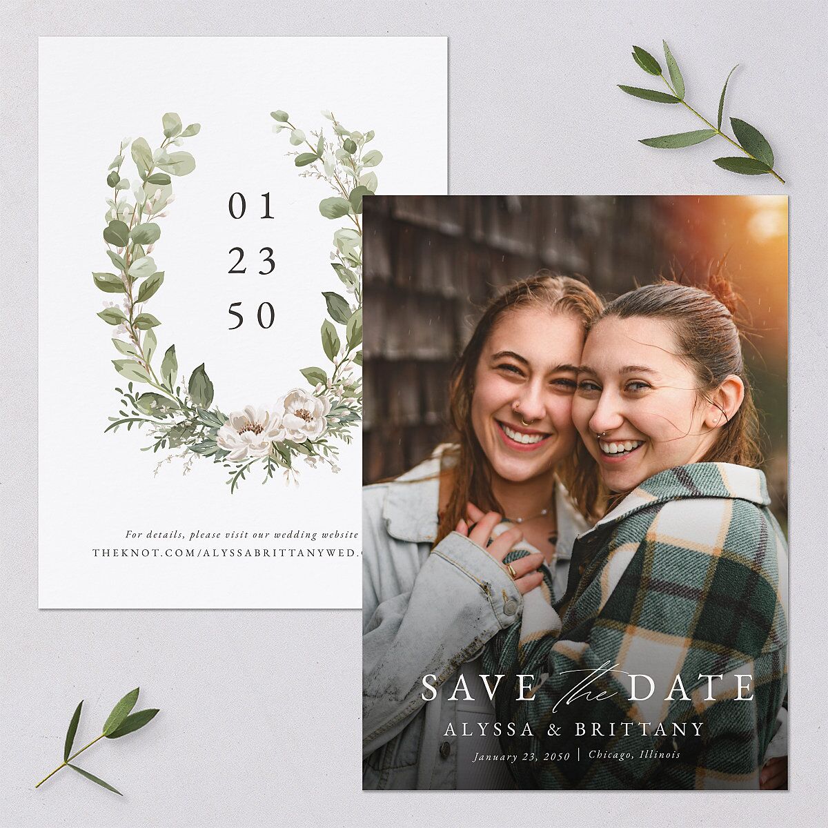 Greenery Laurel Save The Date Cards — view 1
