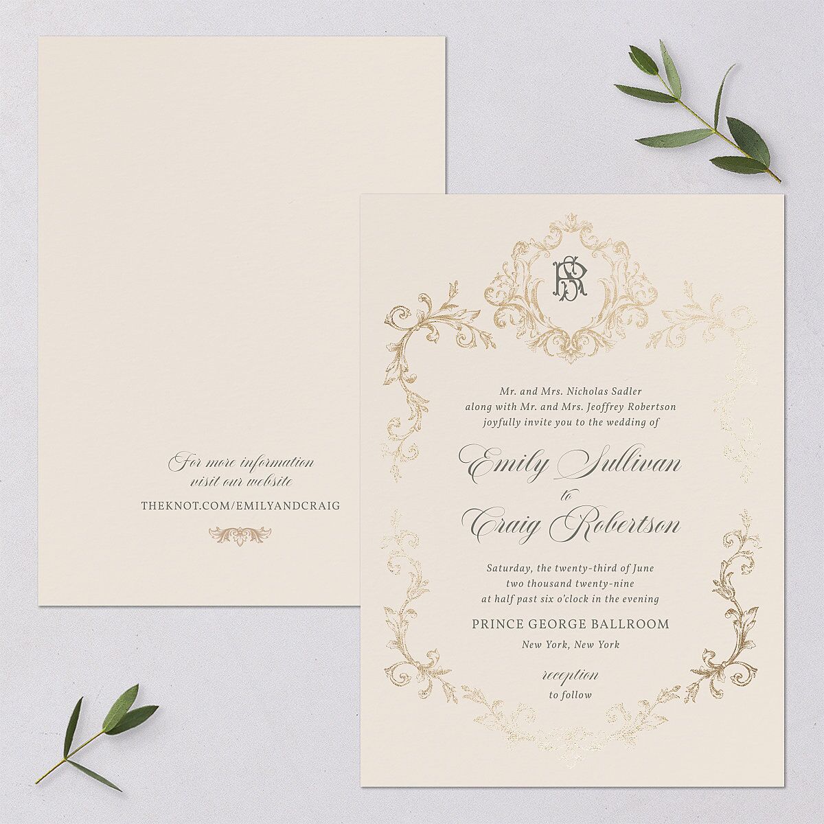 Vintage Regency Monogram Frame Foil Wedding Invitations Champagne Gold Signature Blank Standard No