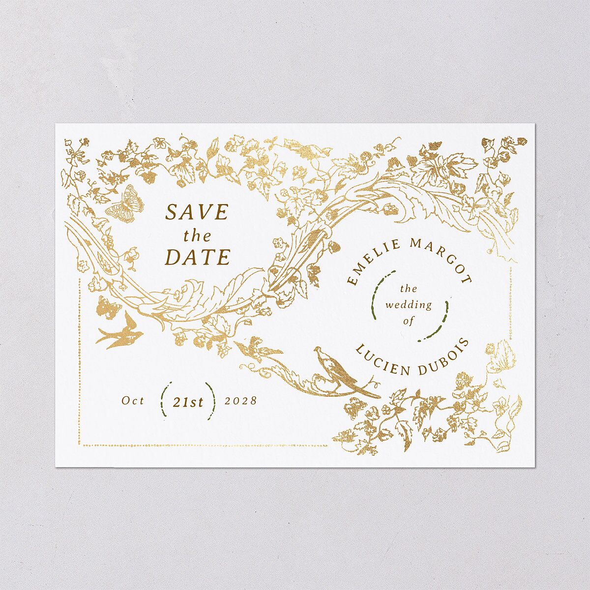 Vintage Toile Foil Save the Date Cards Gold Marigold Signature smooth Blank No