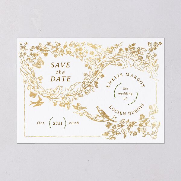 Vintage Toile Foil Save the Date Cards Gold Marigold Signature smooth Blank No