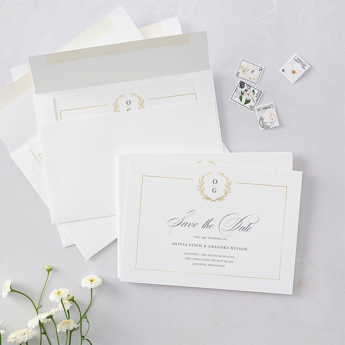Gilded Wreath Save the Date Cards — view 5