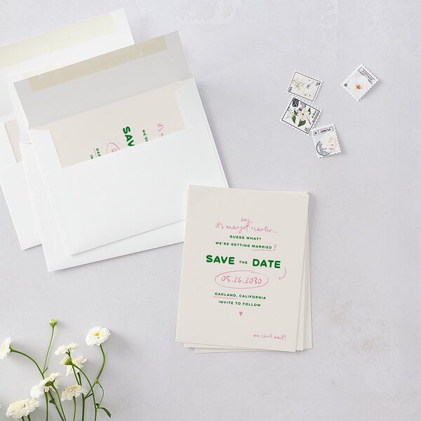 Whimsically Retro Handwritten Note Save the Date Petite Cards Kelly Green Signature smooth Blank No Standard