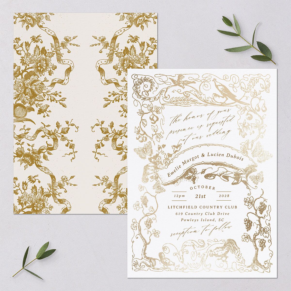 Vintage Toile Foil Wedding Invitations Gold Marigold Signature Blank No