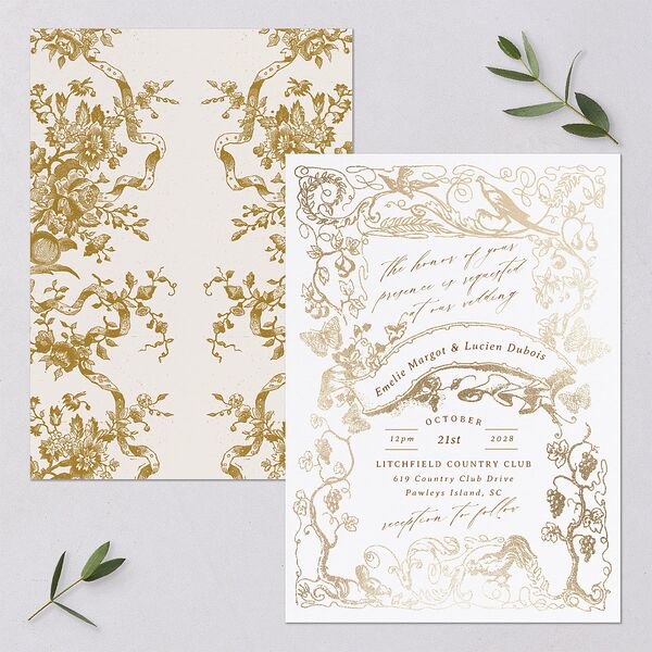 Vintage Toile Foil Wedding Invitations Gold Marigold Signature Blank No