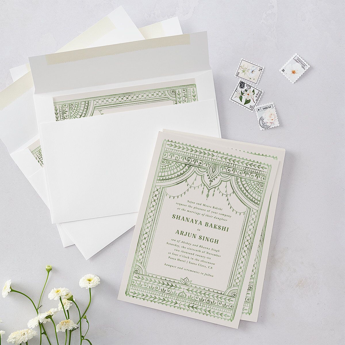 Painted Henna Wedding Invitations Scottish Green Signature Blank No Standard