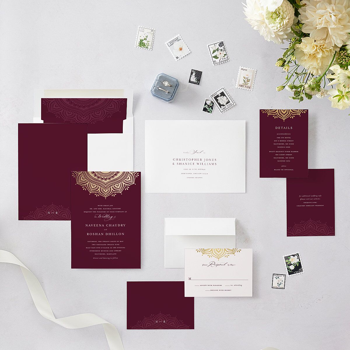 Indian Gilded Adornment Wedding Invitations Gold Burgundy Signature Blank No Standard