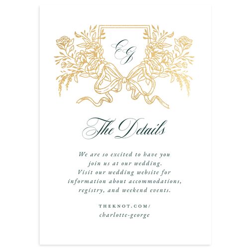 Rose Garden Crest Wedding Event Detail Cards by Bridgerton Gold Dark Emerald Signature Standard