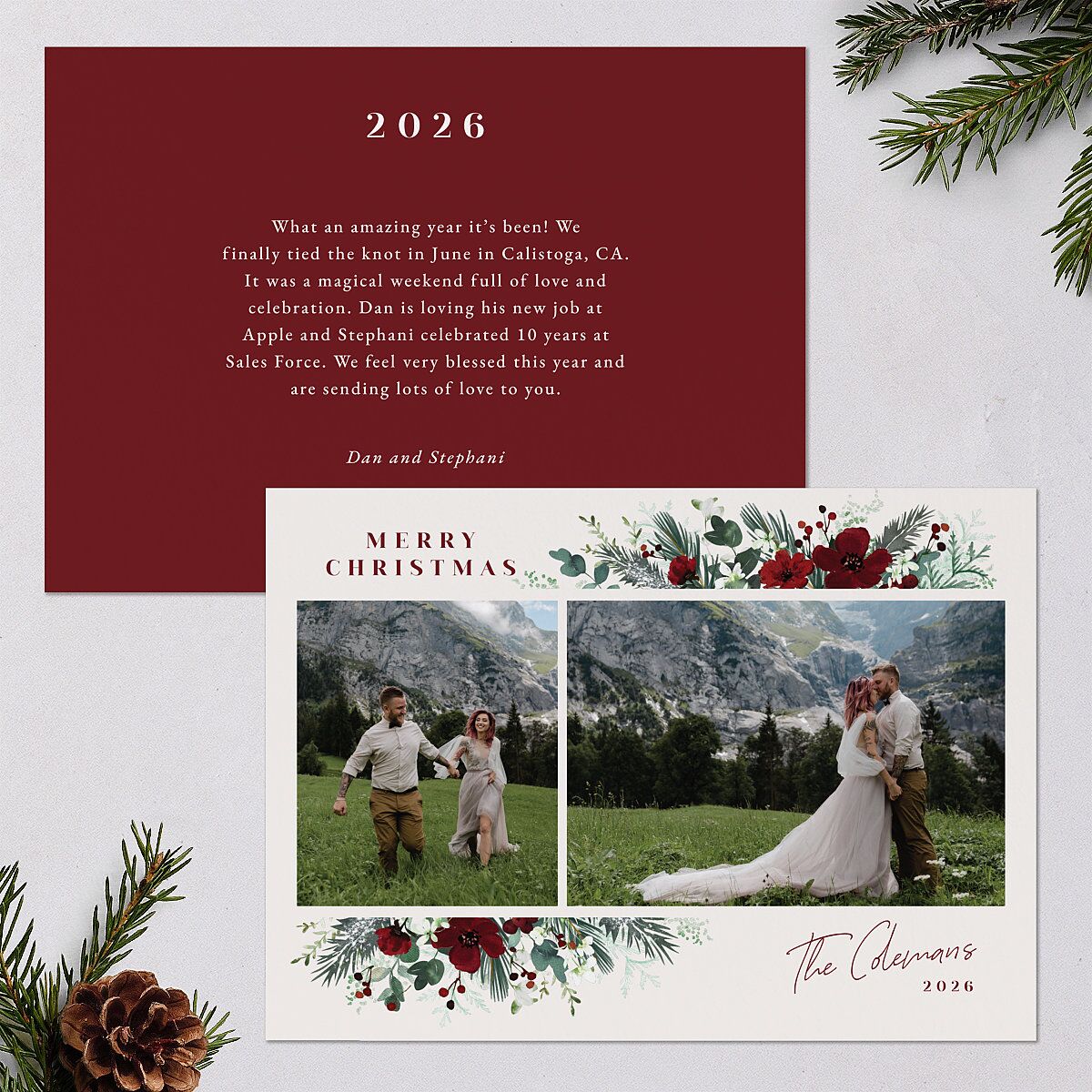 Holiday Floral Holiday Cards Maroon Signature Blank Landscape Standard