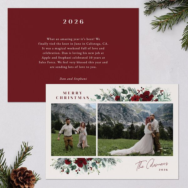Holiday Floral Holiday Cards Maroon Signature Blank Landscape Standard