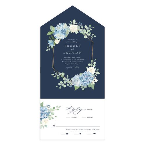 Elegant Hydrangea All-in-One Wedding Invitations Moody Blue Signature Light Both Recipient and Return Addresses No