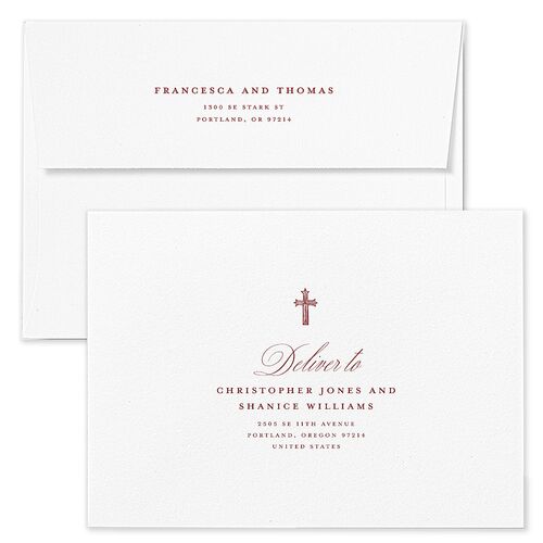 Classic Catholic Sacred Heart Wedding Invitation Envelopes White Maroon Both Recipient and Return Addresses Standard Signature