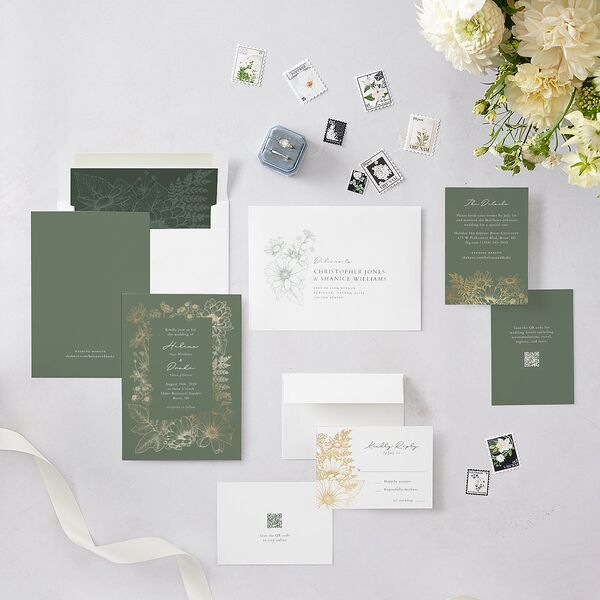 Rustic Botanical Foil Wedding Invitations Moss Gold Signature Blank No Standard