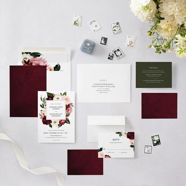 Striking Blooms Wedding Invitations Burgundy Signature Blank No Standard