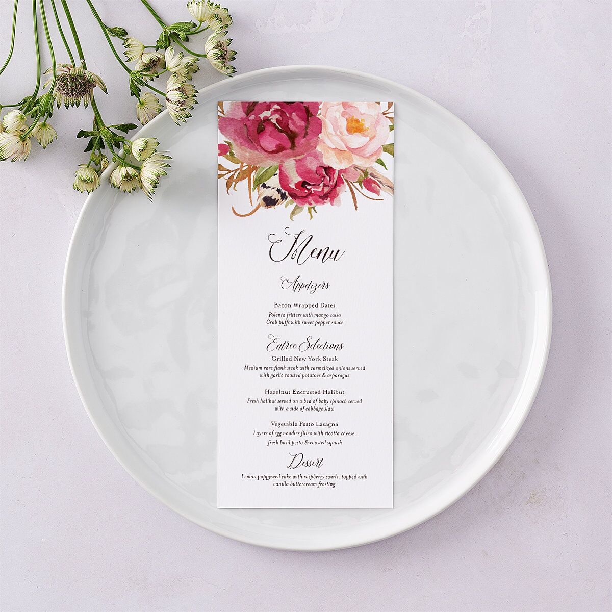 Bohemian Floral Menus Raspberry Signature