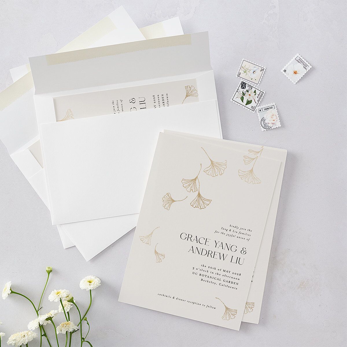 Ginkgo Leaves Wedding Invitations Gold Champagne Signature Blank No