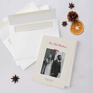 First Christmas Minimalist Bow Photo Holiday Cards Cream Signature Blank Standard Portrait