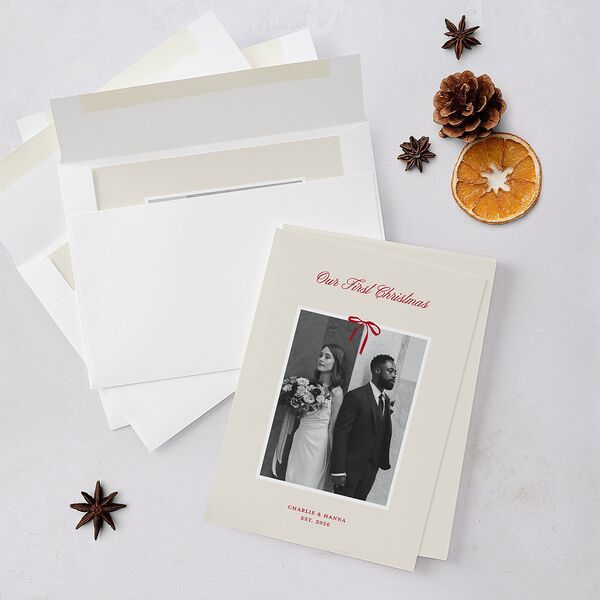 First Christmas Minimalist Bow Photo Holiday Cards Cream Signature Blank Standard Portrait