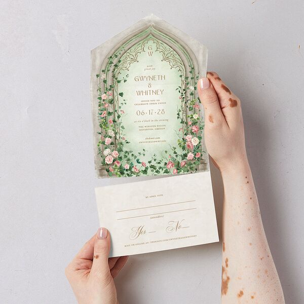 Fairytale Garden All-in-One Wedding Invitations Sage Signature Light Both Recipient and Return Addresses No