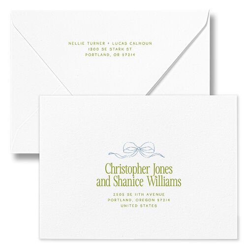 Modern Delicate Bows Wedding Invitation Euro Envelopes Peridot White Both Recipient and Return Addresses Luxe Signature