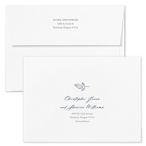 Vintage Botanical Sketch Wedding Invitation Envelopes White Dusty Blue Both Recipient and Return Addresses Standard Signature