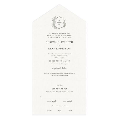 Elegant Garland Crest All-in-One Wedding Invitations Dark Camo Signature Light Both Recipient and Return Addresses No