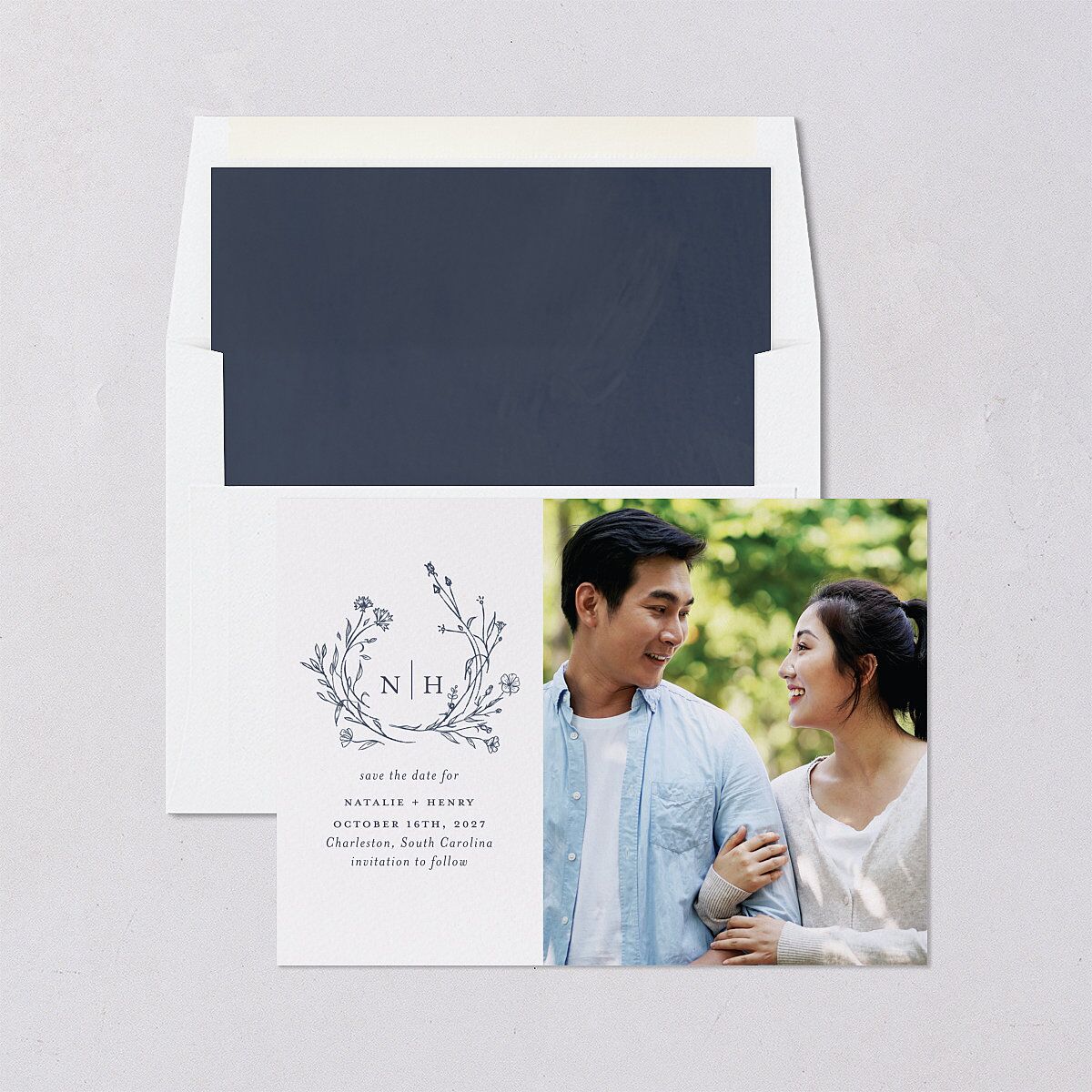 Natural Monogram Save The Date Cards Midnight Navy Signature smooth Blank No Standard