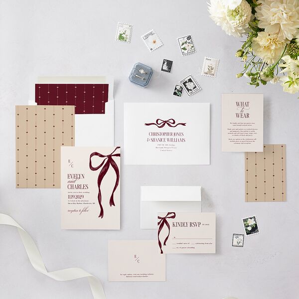 Whimsical Hand Drawn Bow Wedding Invitations Burgundy Signature Blank No Standard