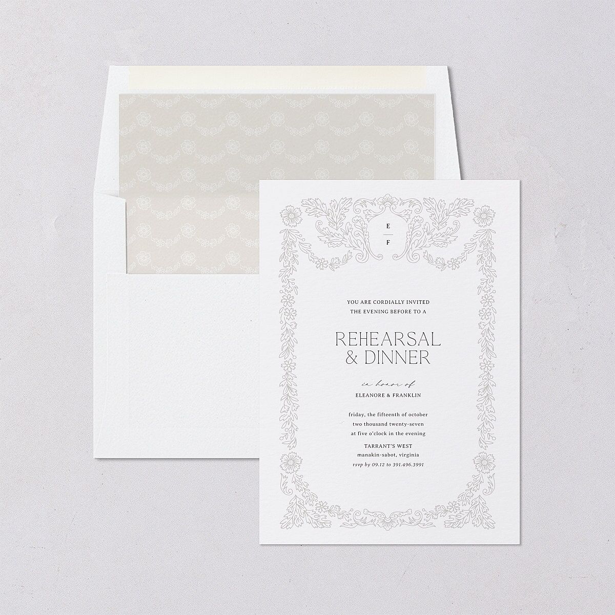 Baroque Border Rehearsal Dinner Invitations Pure White Signature Blank