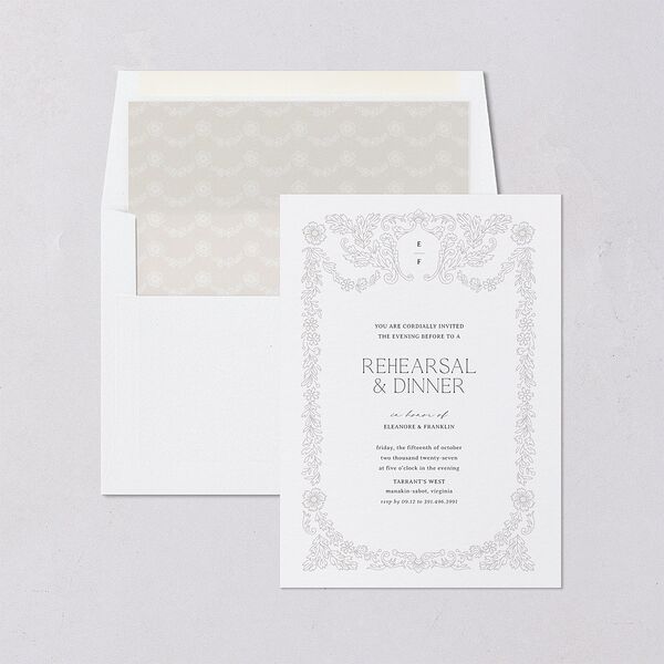 Baroque Border Rehearsal Dinner Invitations Pure White Signature Blank