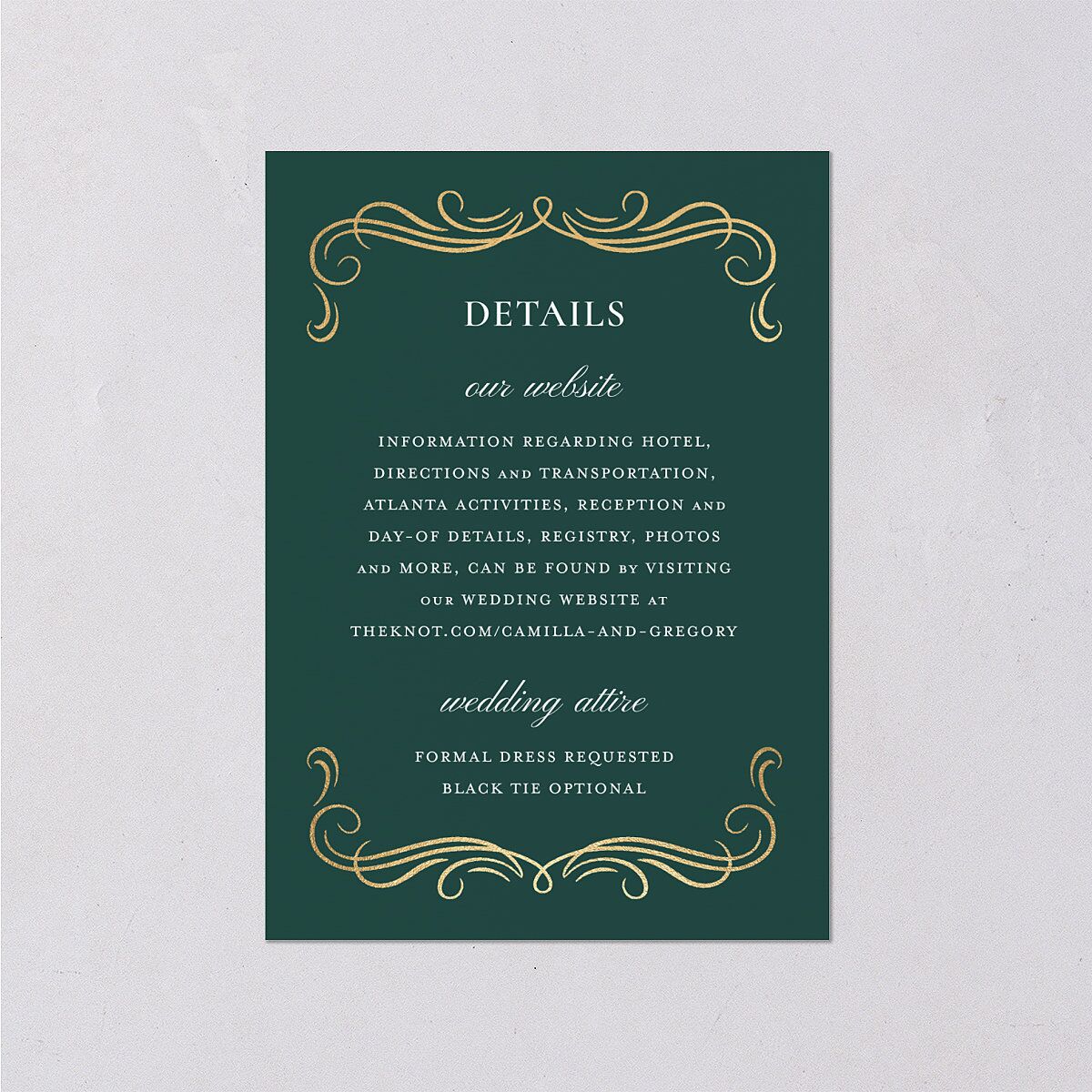 Antique Fairytale Foil Wedding Event Detail Cards Gold Dark Emerald Signature Standard