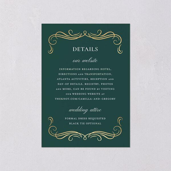 Antique Fairytale Foil Wedding Event Detail Cards Gold Dark Emerald Signature Standard