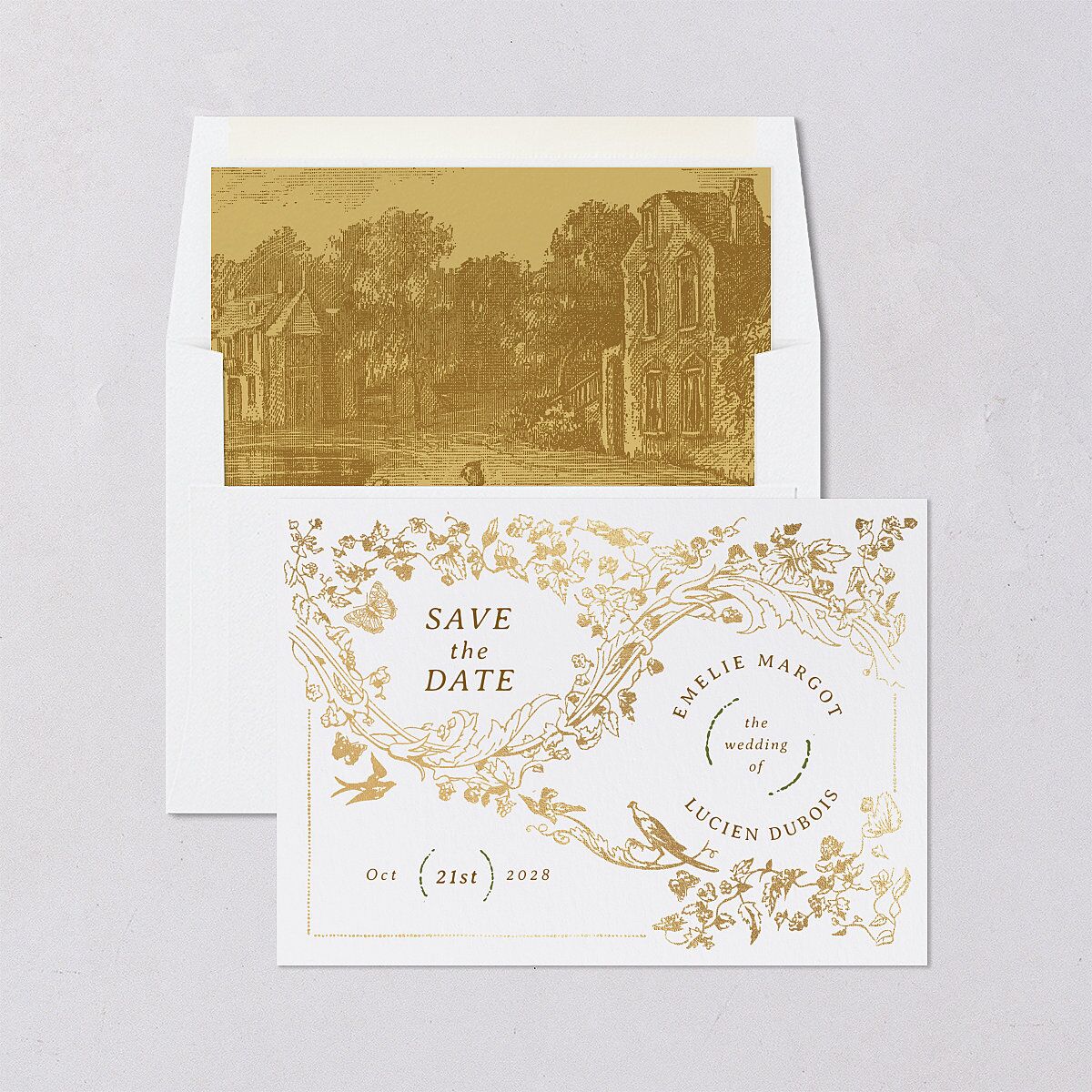 Vintage Toile Foil Save the Date Cards Gold Marigold Signature smooth Blank No