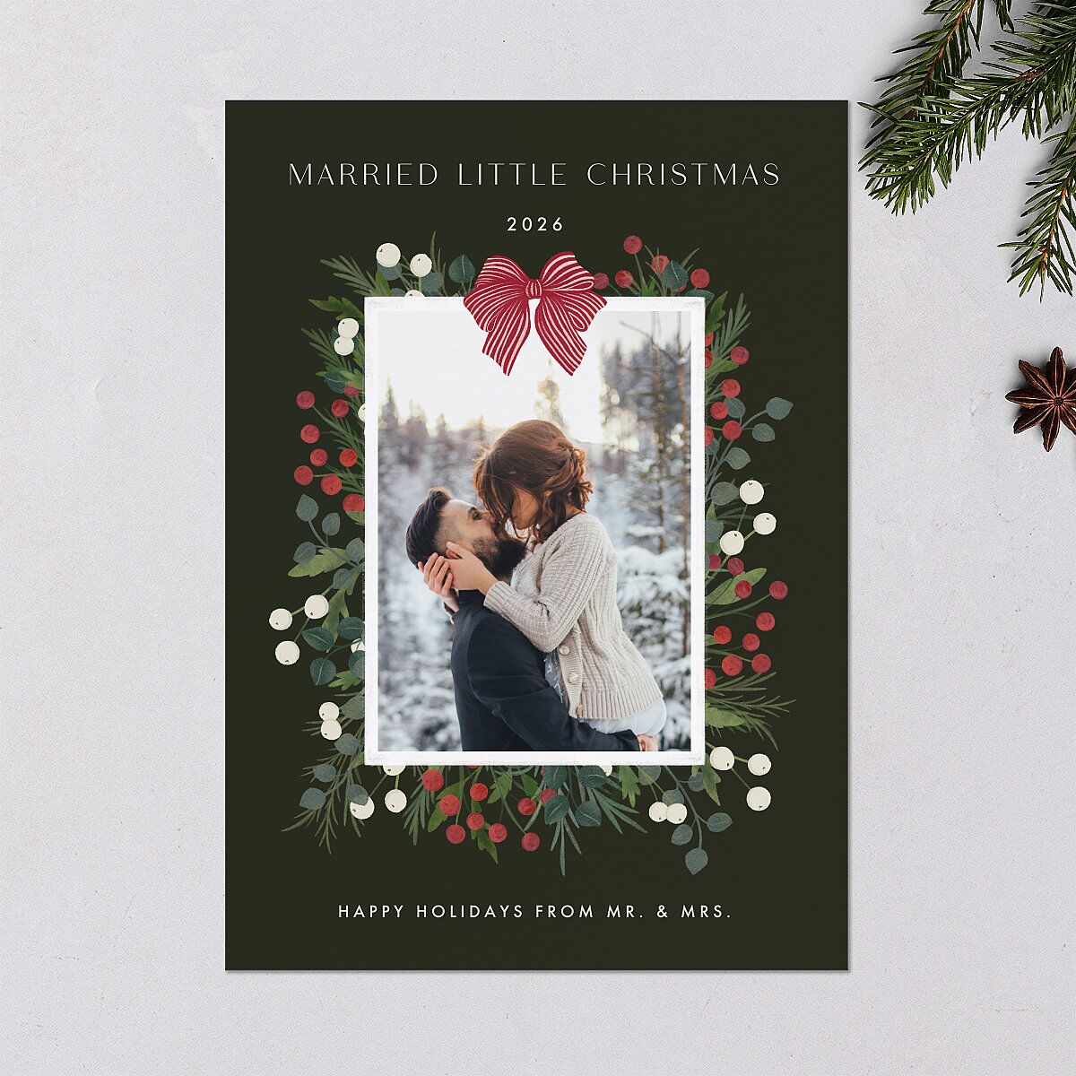 Rustic Holiday Foliage with Bow Holiday Cards Hunter Green Signature Blank Standard